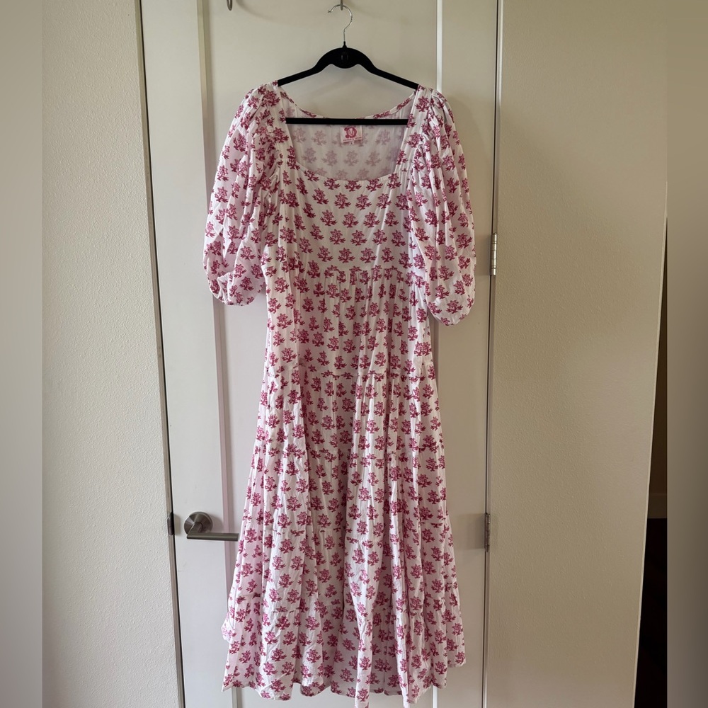 Victoria Dunn Pink White Floral Midi Dress Puff Sleeve Size Large